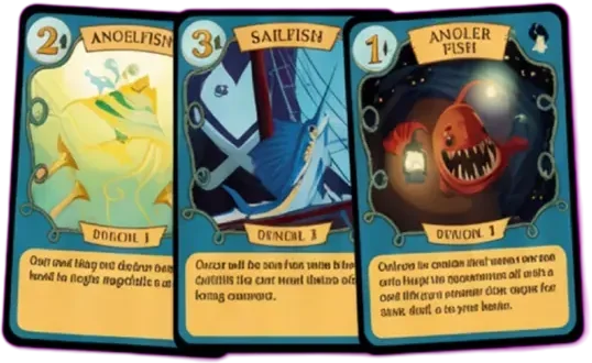Three fish cards from the game: Angelfish, Sailfish and Angler Fish