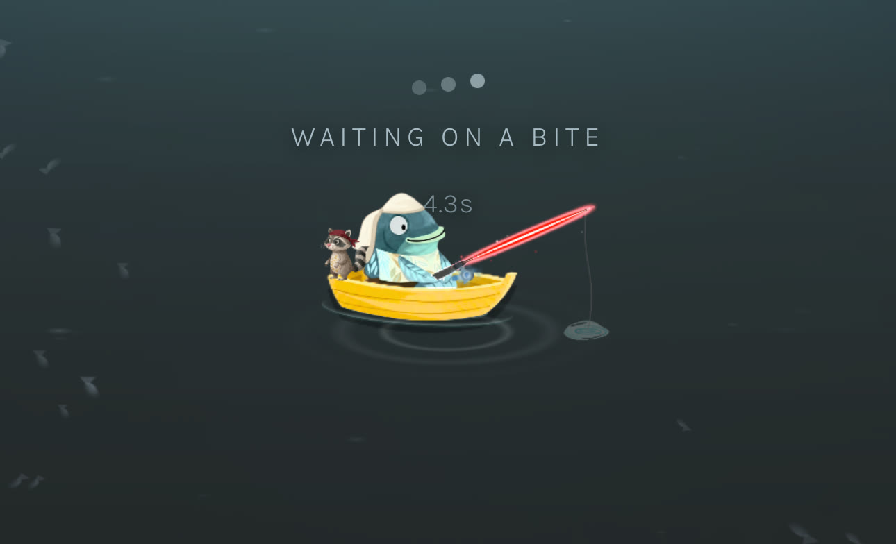 Fishing from a rowboat in Small Fishes Online, waiting on a bite