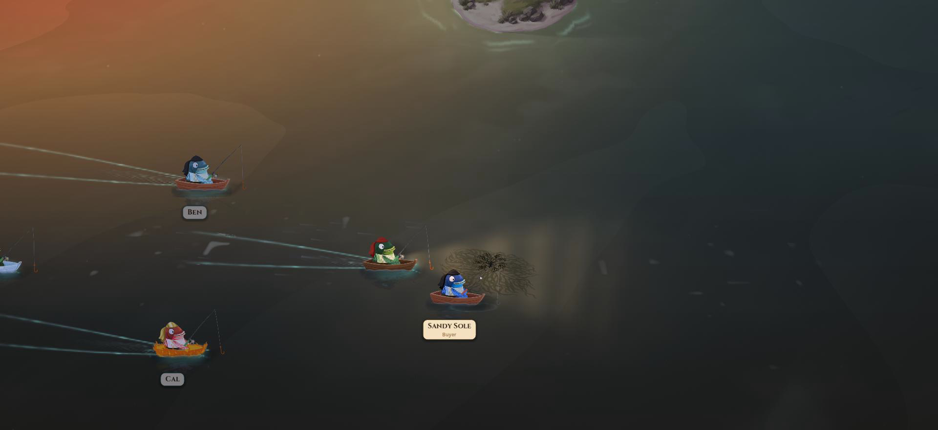 A flotilla of fishing boats at golden hour in Seas the Booty