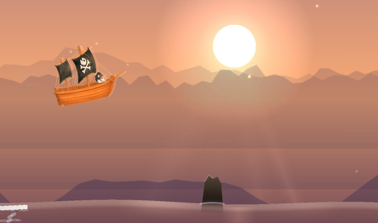 A pirate boat sailing into a sunset in Tide Run