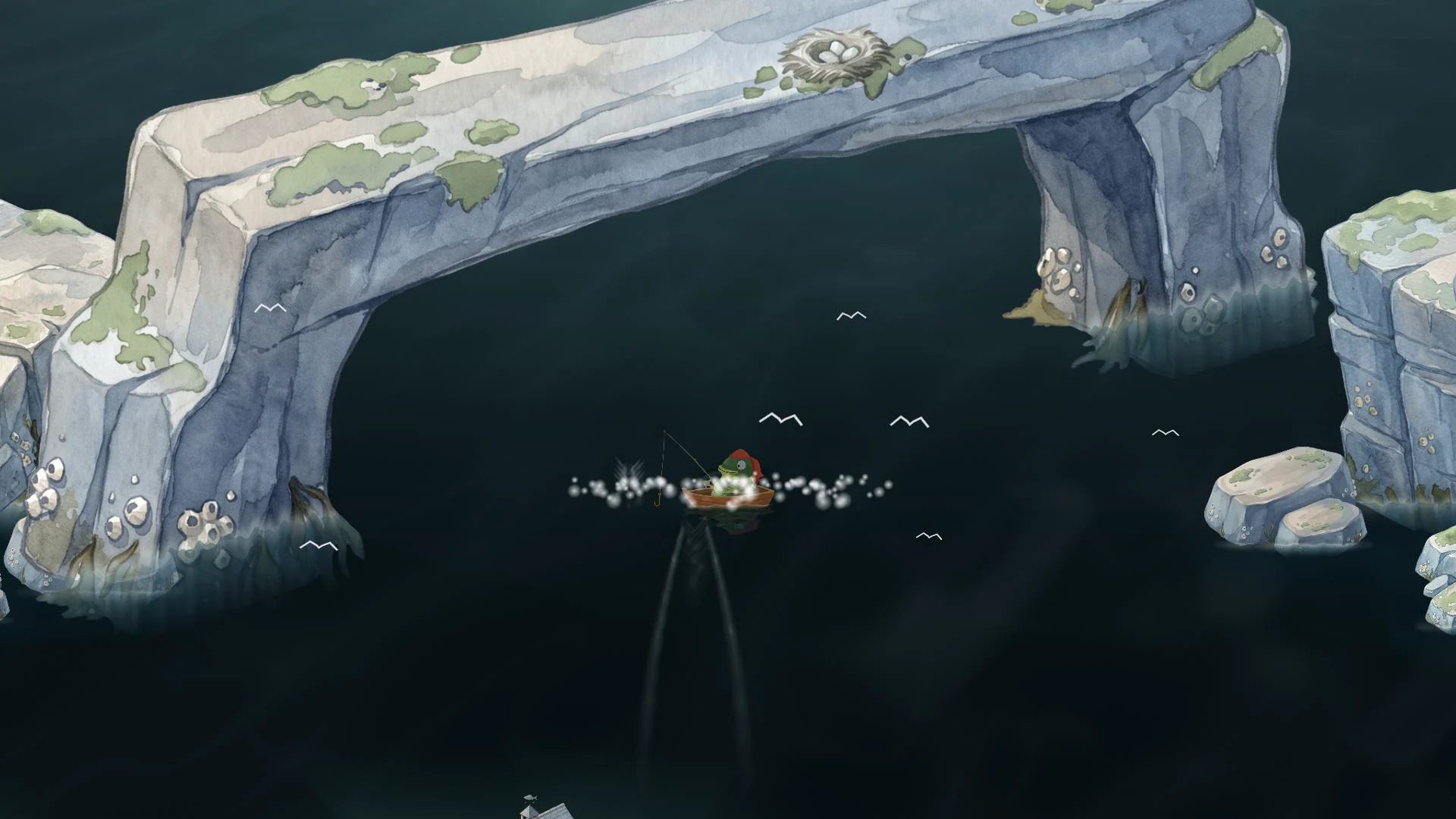 Sailing under a stone sea arch in Seas the Booty