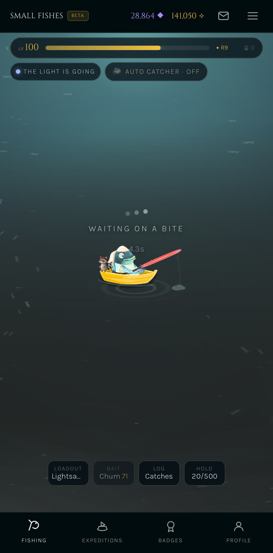 Fishing from a rowboat in Small Fishes Online